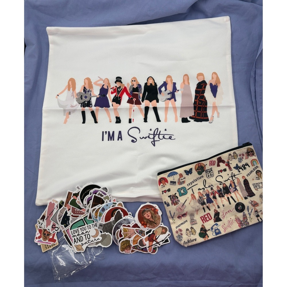 Taylor Swift Fan Bundle Eras Tour Pillow Cover Makeup Bag 75pc Sticker Pack Lot